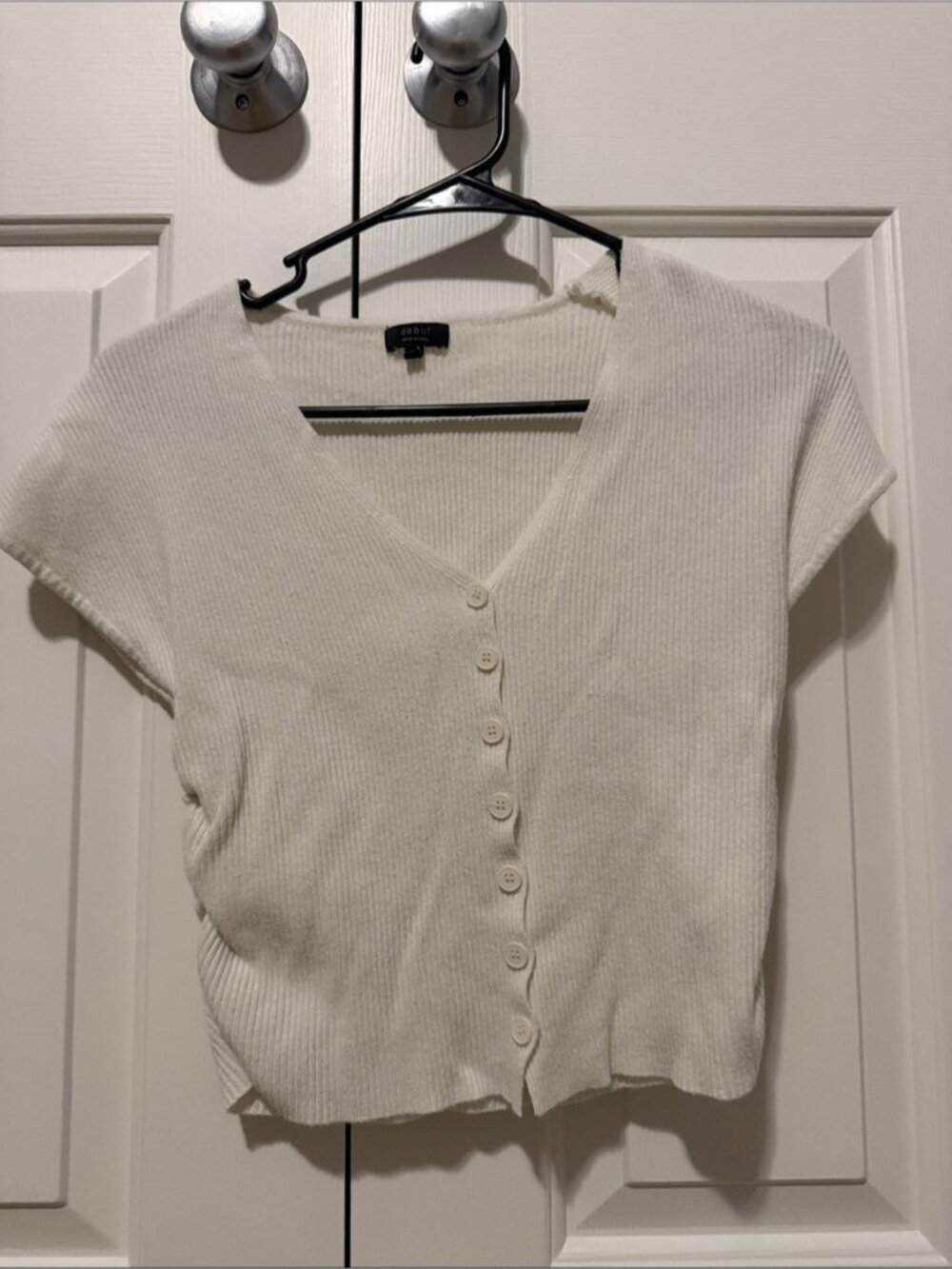 debut Cream Ribbed V-Neck Button Crop Top by